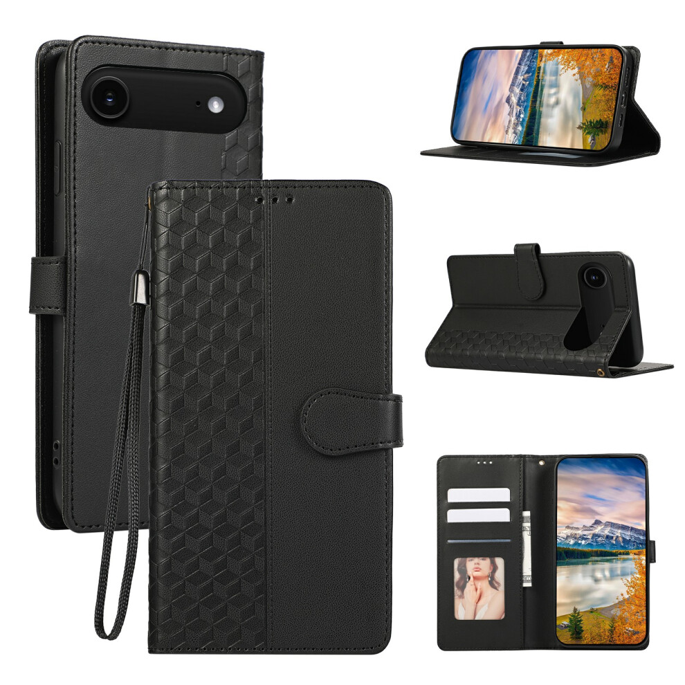 (Iphone Air, ) For Iphone Air Case 3D Rhombus Grid Imprinted Wallet Leather Phone Cover With Lanyard Black 6914288903516