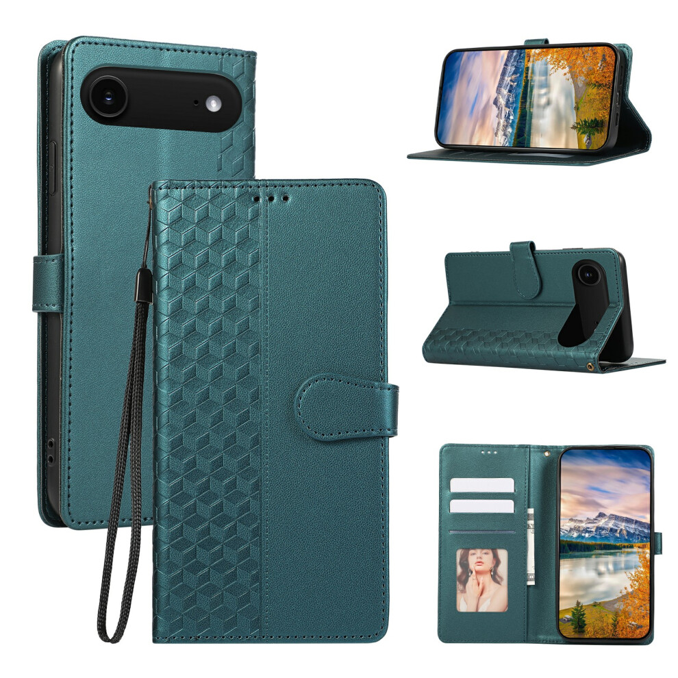 (Iphone Air, ) For Iphone Air Case 3D Rhombus Grid Imprinted Wallet Leather Phone Cover With Lanyard Green 6914287558762