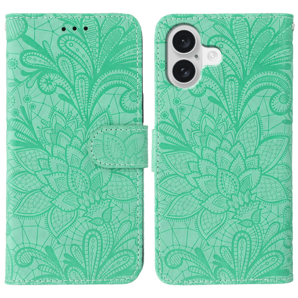 (Iphone 17, ) For Iphone 17 Case Lace Flowers Pu Leather Flip Wallet Phone Cover Green 6914289981711