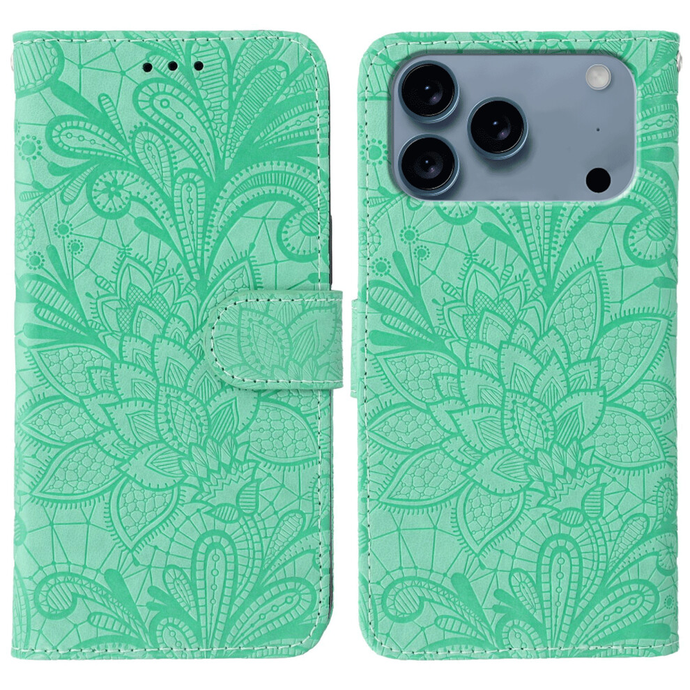 (Iphone 17 Pro Max, ) For Iphone 17 Pro Max Case Lace Flowers Pu Leather Flip Wallet Phone Cover Green 6914289458329
