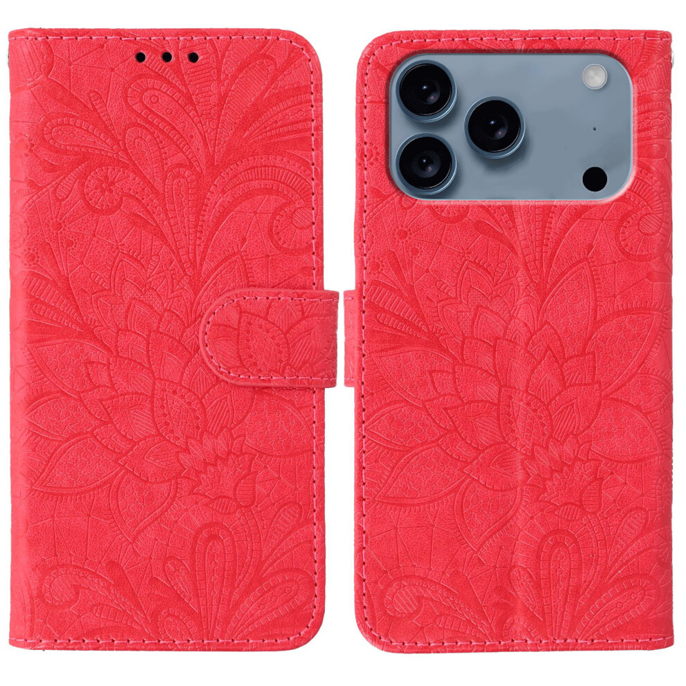 (Iphone 17 Pro Max, ) For Iphone 17 Pro Max Case Lace Flowers Pu Leather Flip Wallet Phone Cover Red 6914281490617
