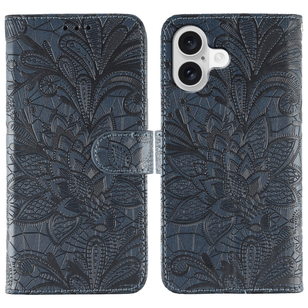 (Iphone 17, Dark ) For Iphone 17 Case Lace Flowers Pu Leather Flip Wallet Phone Cover Blue 6914281572436