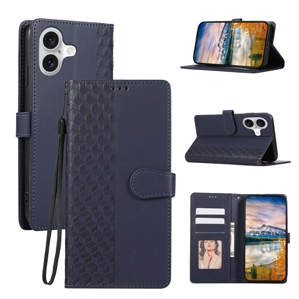 (Iphone 17, ) For Iphone 17 Case 3D Rhombus Grid Imprinted Wallet Leather Phone Cover With Lanyard Blue 6914286810267