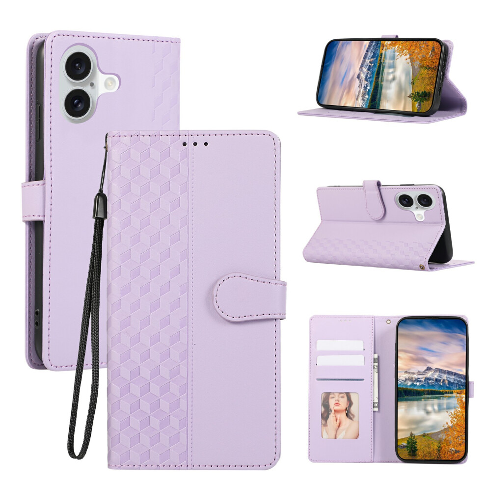 (Iphone 17, ) For Iphone 17 Case 3D Rhombus Grid Imprinted Wallet Leather Phone Cover With Lanyard Purple 6914284267872