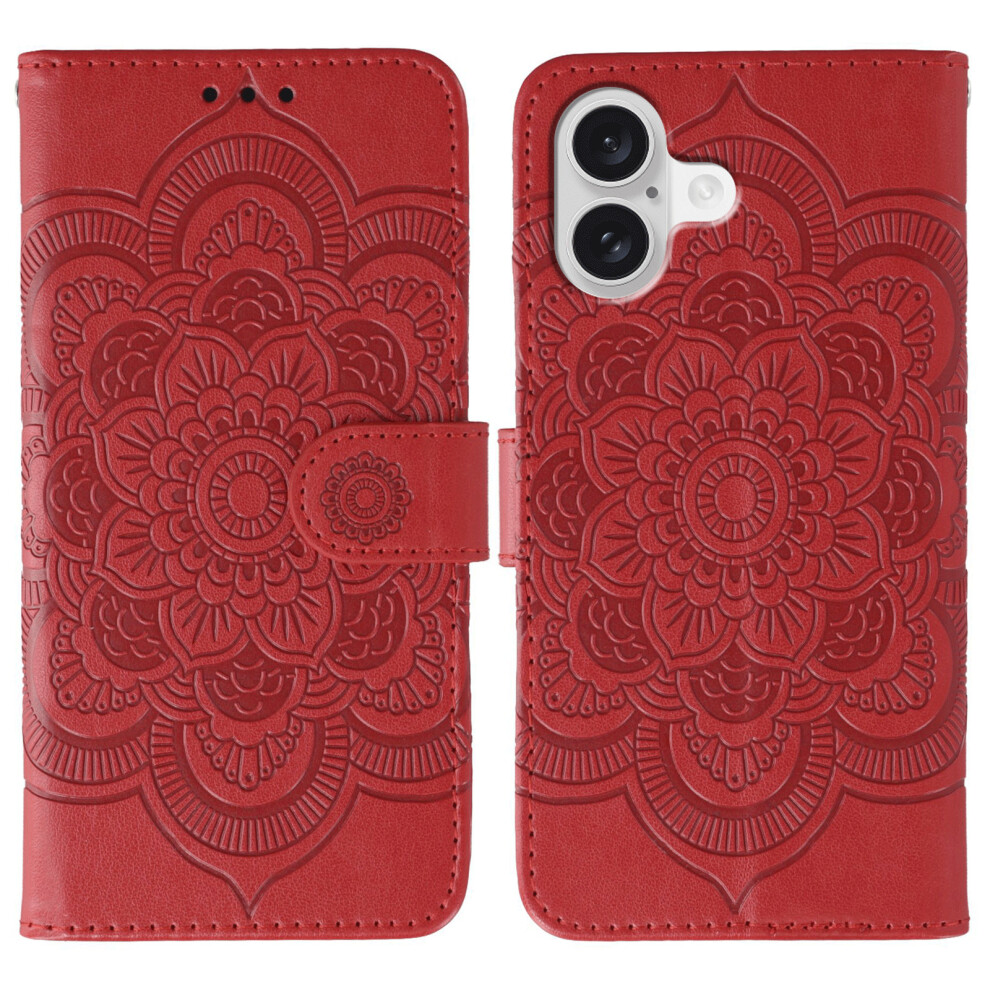 (Iphone 17, ) For Iphone 17 Case Pu Leather Mandala Imprinted Design Wallet Phone Cover With Wrist Strap Red 6914281797792