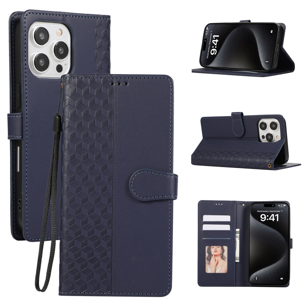 (Iphone 15 Pro, ) For Iphone 15 Pro Case 3D Rhombus Grid Imprinted Wallet Leather Phone Cover With Lanyard Blue 6914288204590
