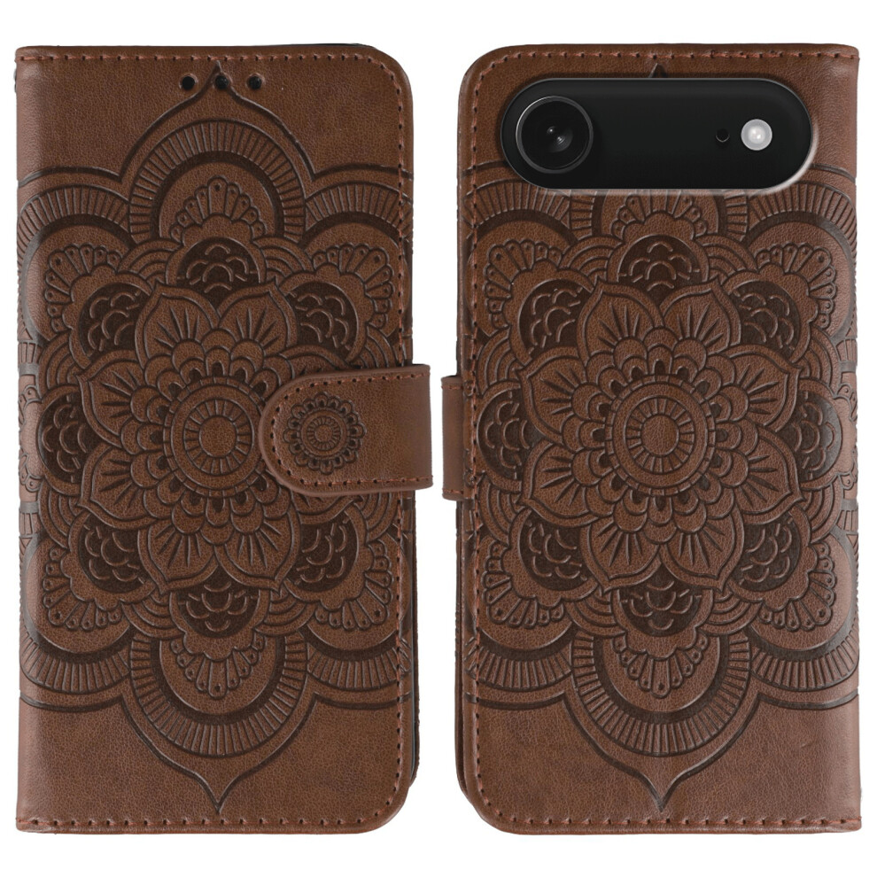 (Iphone Air, ) For Iphone Air Case Pu Leather Mandala Imprinted Design Wallet Phone Cover With Wrist Strap Brown 6914286426680