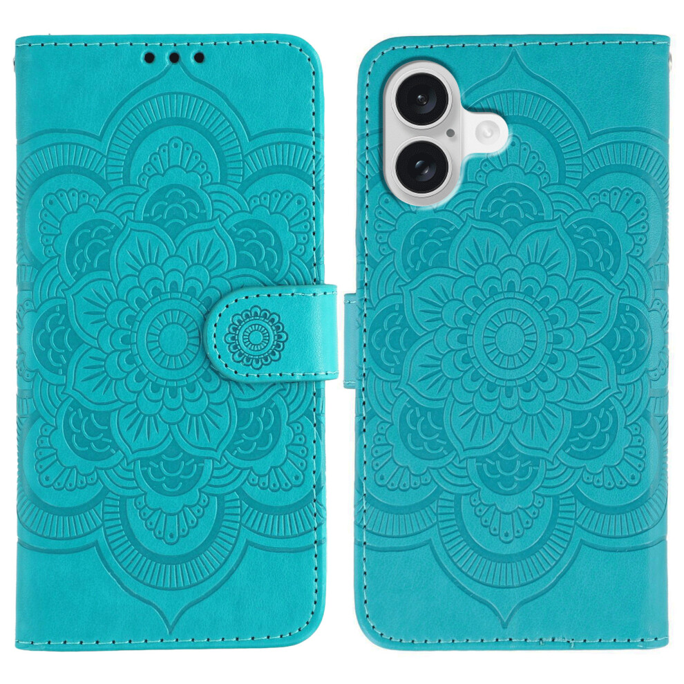 (Iphone 17, ) For Iphone 17 Case Pu Leather Mandala Imprinted Design Wallet Phone Cover With Wrist Strap Blue 6914282889496