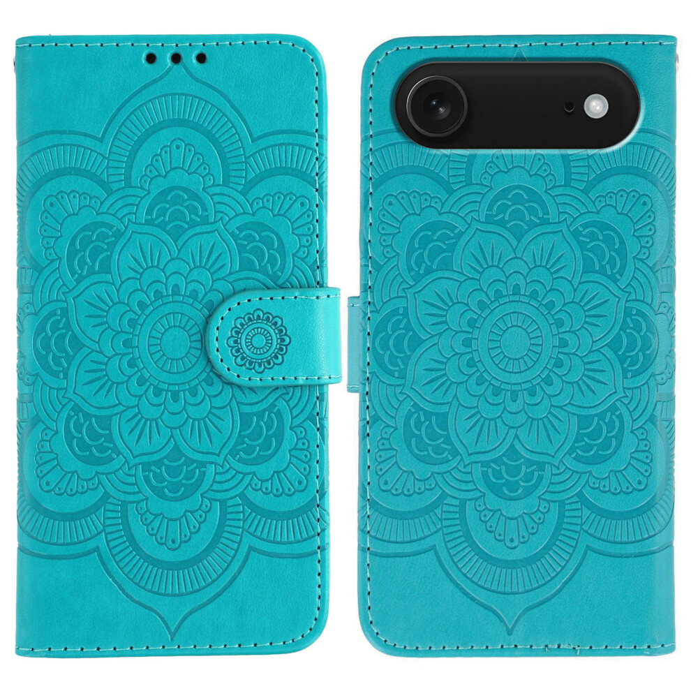 (Iphone Air, ) For Iphone Air Case Pu Leather Mandala Imprinted Design Wallet Phone Cover With Wrist Strap Blue 6914284474836