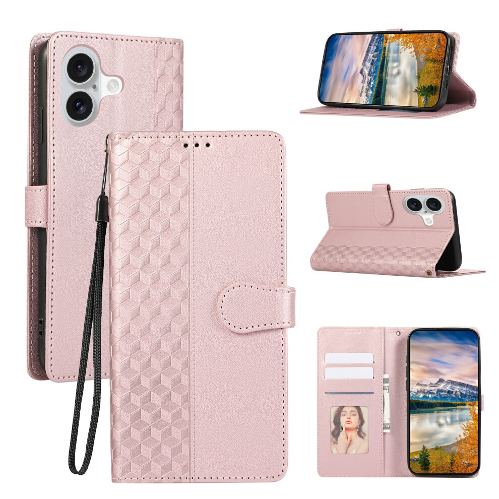 (Iphone 17, Rose ) For Iphone 17 Case 3D Rhombus Grid Imprinted Wallet Leather Phone Cover With Lanyard Gold 6914287855922