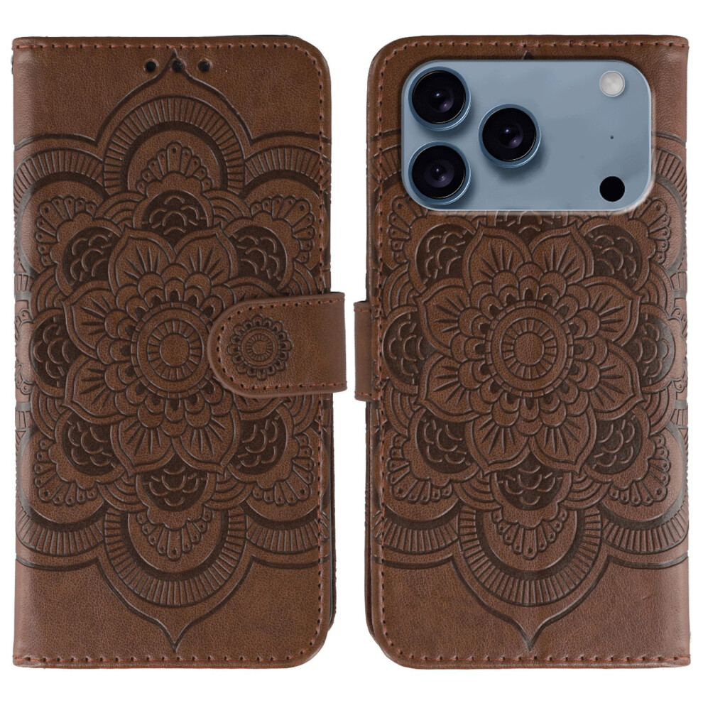 (Iphone 17 Pro, ) For Iphone 17 Pro Case Pu Leather Mandala Imprinted Design Wallet Phone Cover With Wrist Strap Brown 6914280571140