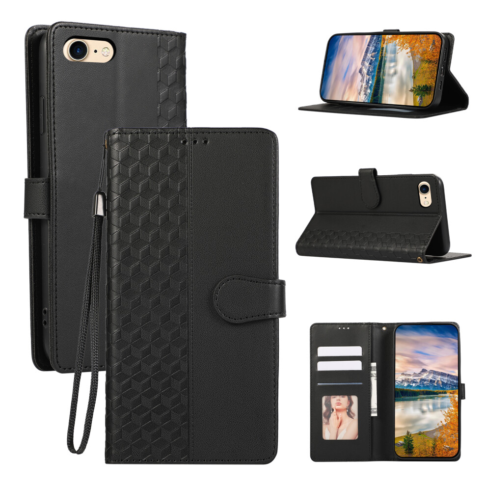 (Iphone 16E, ) For Iphone 16E Case 3D Rhombus Grid Imprinted Wallet Leather Phone Cover With Lanyard Black 6914280036991