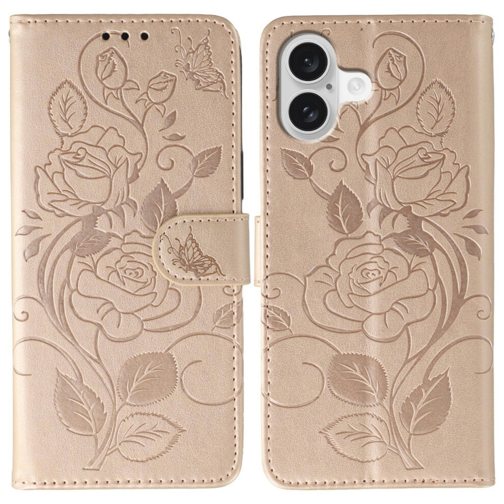 (Iphone 17, Rose ) For Iphone 17 Case Wallet Stand Imprinted Rose Butterfly Pu Leather Phone Cover Gold 6914285235283