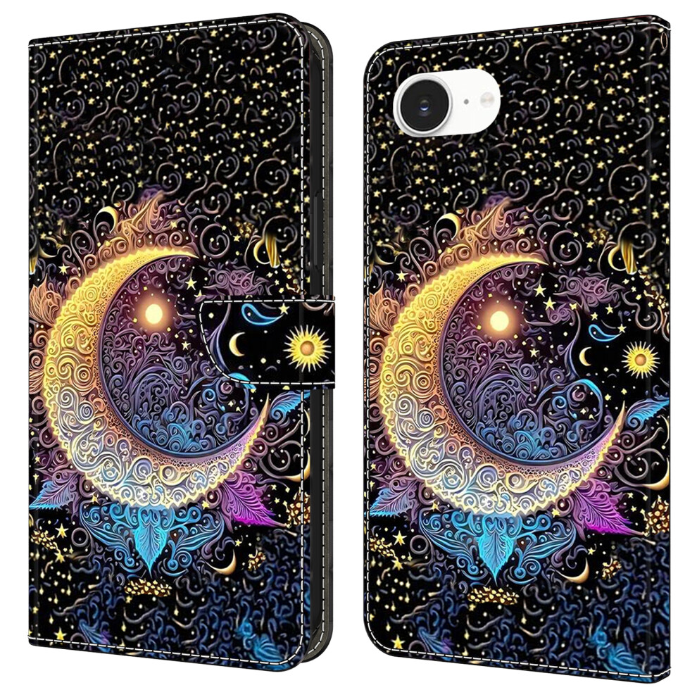 (Iphone 16E, Bright Moon) For Iphone 16E Case Wallet Stand Pattern Printing Pu Leather Flip Phone Cover 6914283438877