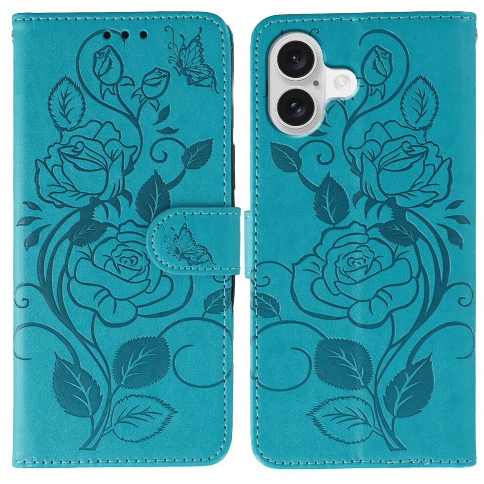 (Iphone 17, ) For Iphone 17 Case Wallet Stand Imprinted Rose Butterfly Pu Leather Phone Cover Blue 6914287855144