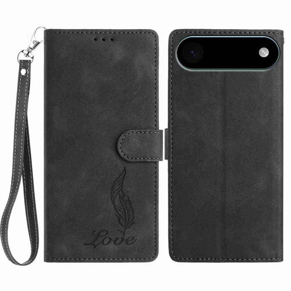 (Iphone Air, ) For Iphone Air Case Imprinted Feather Pu Leather Wallet Phone Cover With Wrist Strap Black 6914289349641