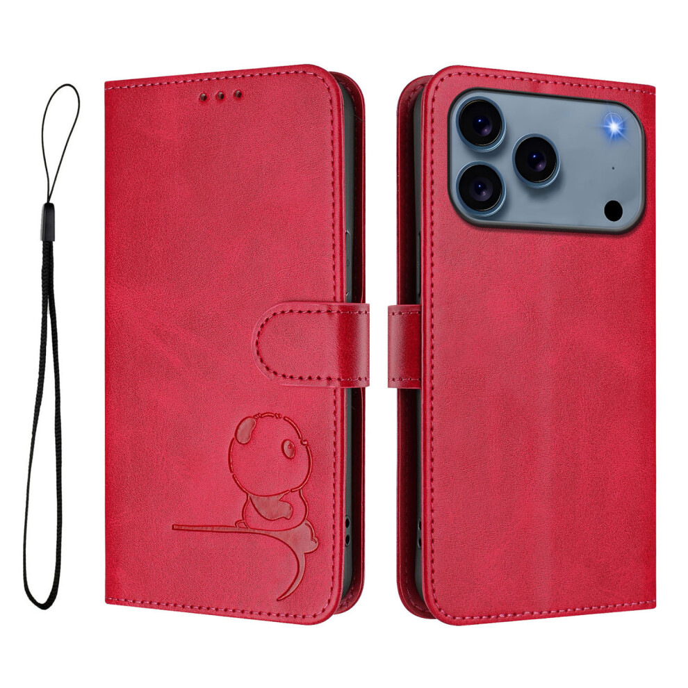 (Iphone 17 Pro, Rose) For Iphone 17 Pro Case Panda Imprint Rfid Blocking Wallet Leather Phone Cover With Wrist Strap 6914280843360