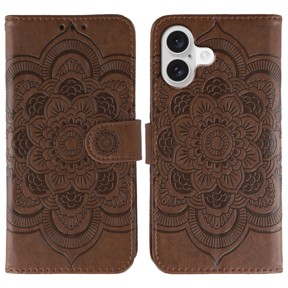 (Iphone 17, ) For Iphone 17 Case Pu Leather Mandala Imprinted Design Wallet Phone Cover With Wrist Strap Brown 6914286636881