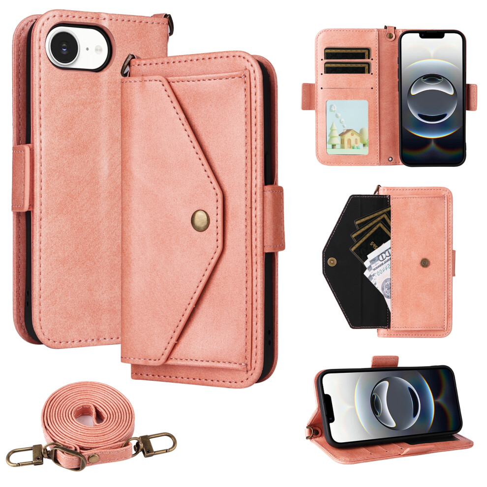 (Iphone 16E, ) For Iphone 16E Leather Case Magnetic Closure Wallet Stand Phone Cover With Crossbody Strap Pink 6914286320117