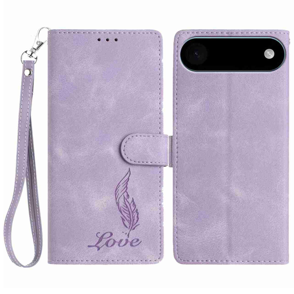 (Iphone Air, ) For Iphone Air Case Imprinted Feather Pu Leather Wallet Phone Cover With Wrist Strap Purple 6914284543952