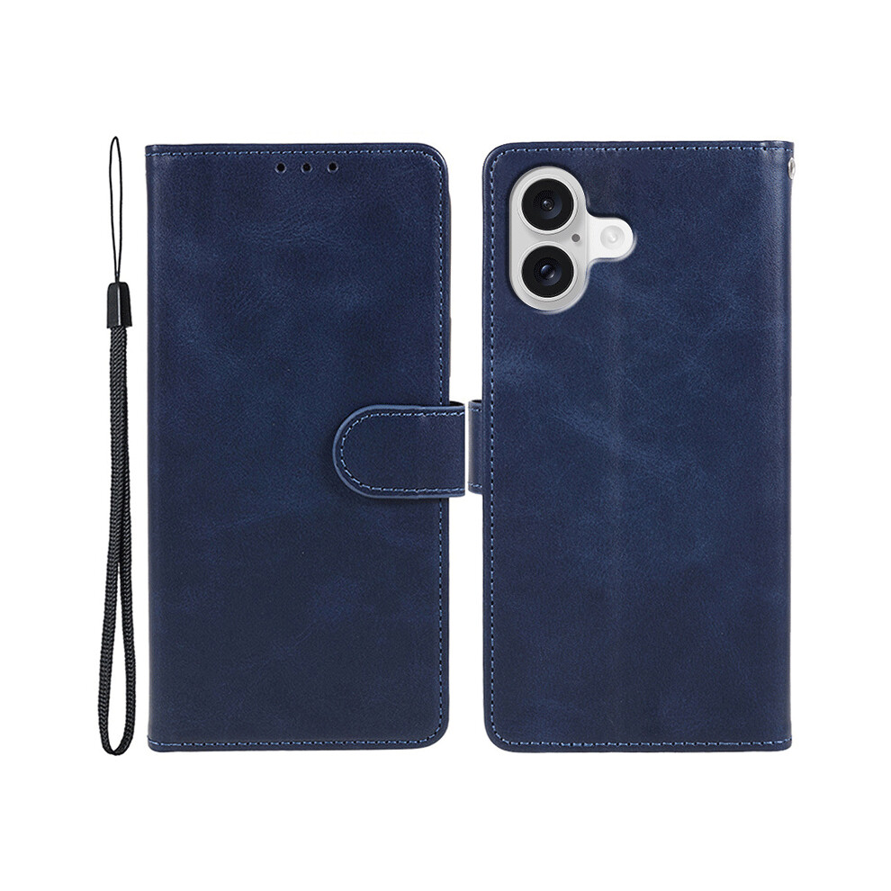 (Iphone 17, ) For Iphone 17 Case Calf Texture Pu Leather Wallet Phone Cover With Wrist Strap Blue 6914280851945