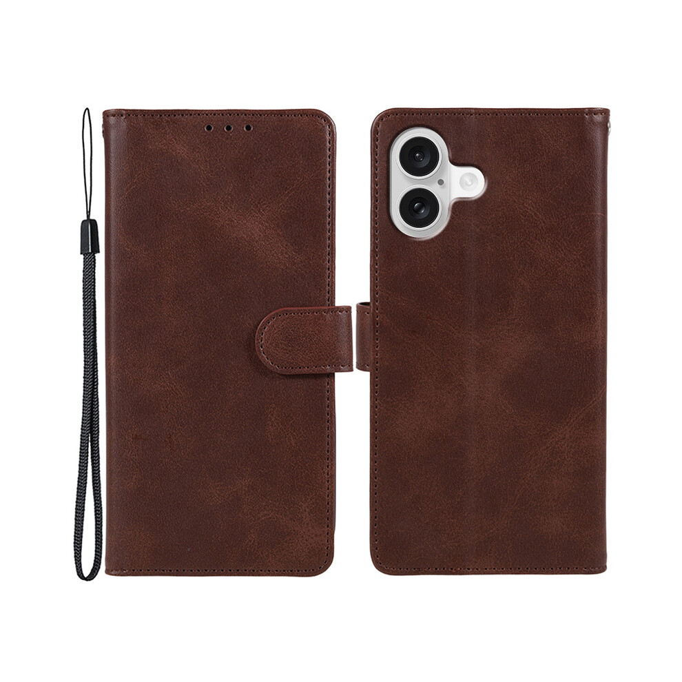 (Iphone 17, ) For Iphone 17 Case Calf Texture Pu Leather Wallet Phone Cover With Wrist Strap Brown 6914284398750