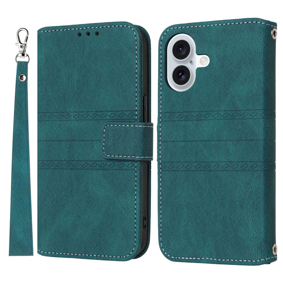 (Iphone 17, Blackish ) For Iphone 17 Case Wallet Skin-Touch Leather Imprinted Phone Cover With Wrist Strap Green 6914287811713