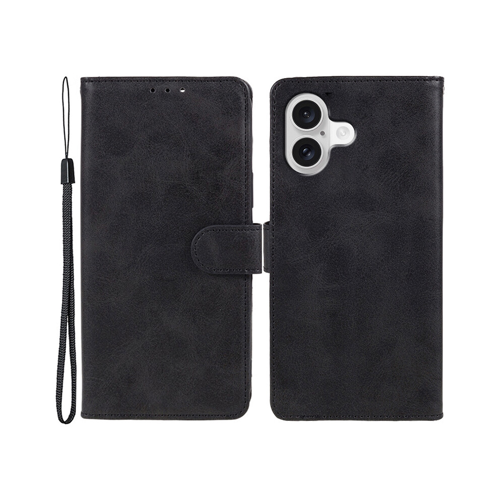 (Iphone 17, ) For Iphone 17 Case Calf Texture Pu Leather Wallet Phone Cover With Wrist Strap Black 6914280056142