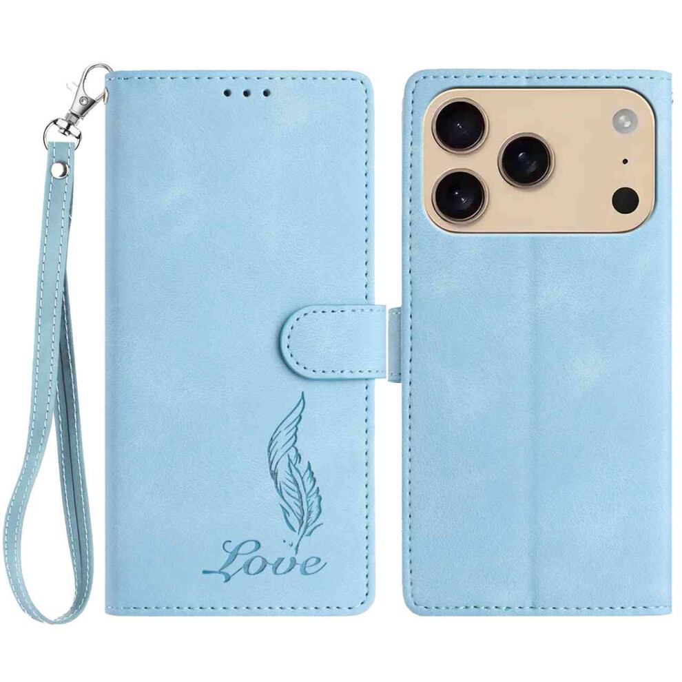 (Iphone 17 Pro, Sky ) For Iphone 17 Pro Case Imprinted Feather Pu Leather Wallet Phone Cover With Wrist Strap Blue 6914286318008
