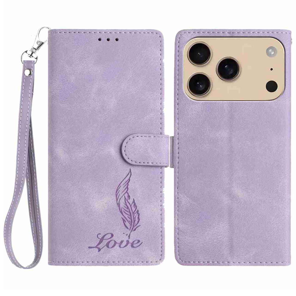 (Iphone 17 Pro, ) For Iphone 17 Pro Case Imprinted Feather Pu Leather Wallet Phone Cover With Wrist Strap Purple 6914282729952