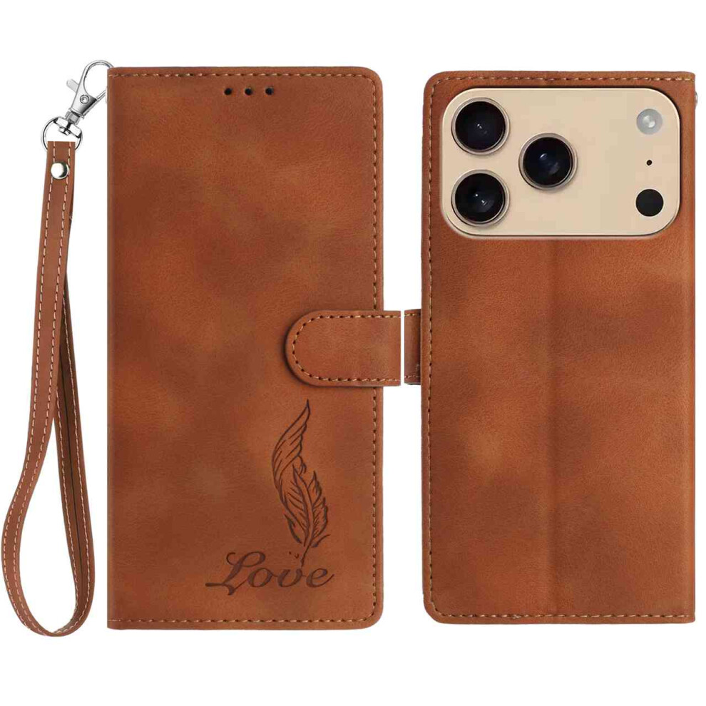 (Iphone 17 Pro, ) For Iphone 17 Pro Case Imprinted Feather Pu Leather Wallet Phone Cover With Wrist Strap Brown 6914280778105