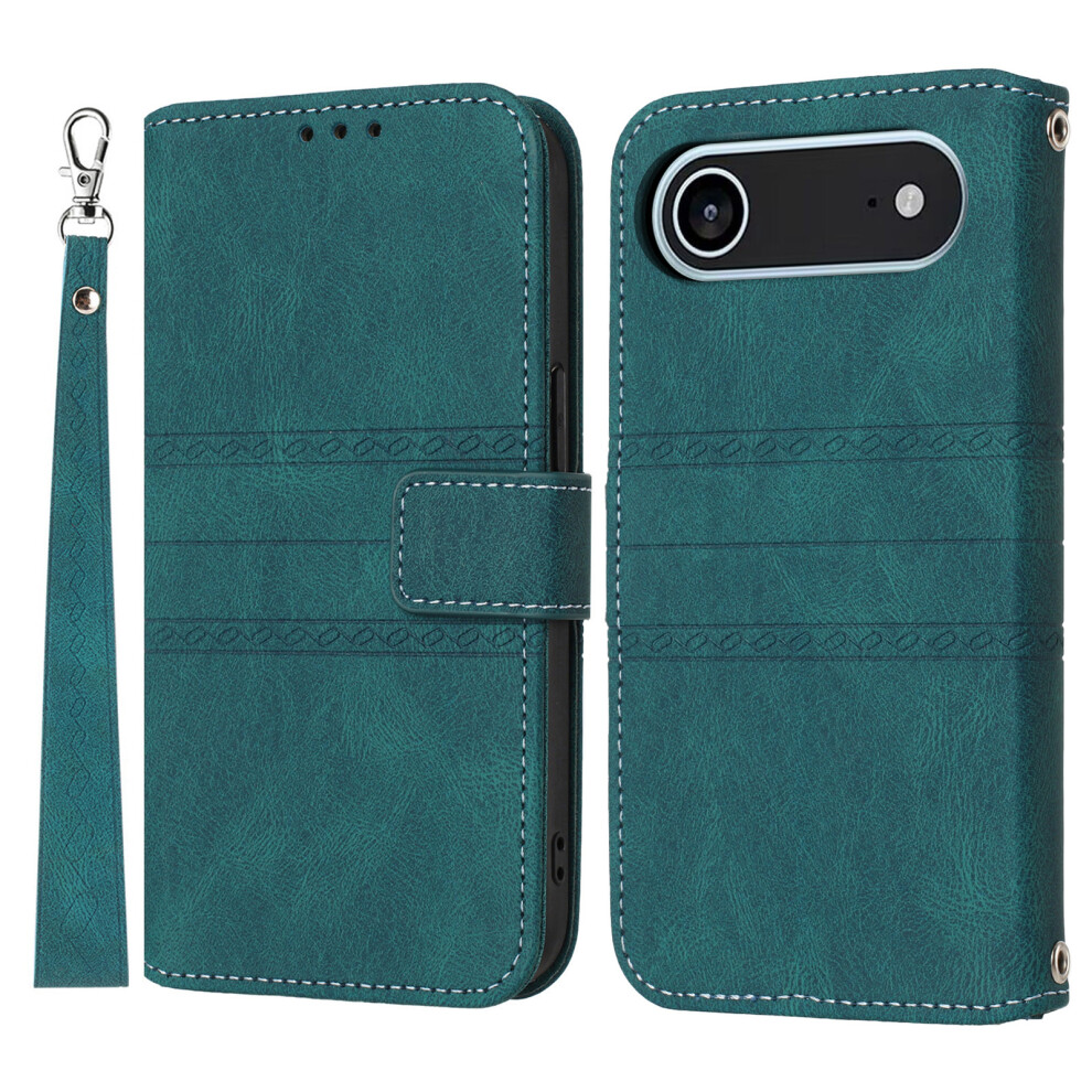 (Iphone Air, Blackish ) For Iphone Air Case Wallet Skin-Touch Leather Imprinted Phone Cover With Wrist Strap Green 6914288438551