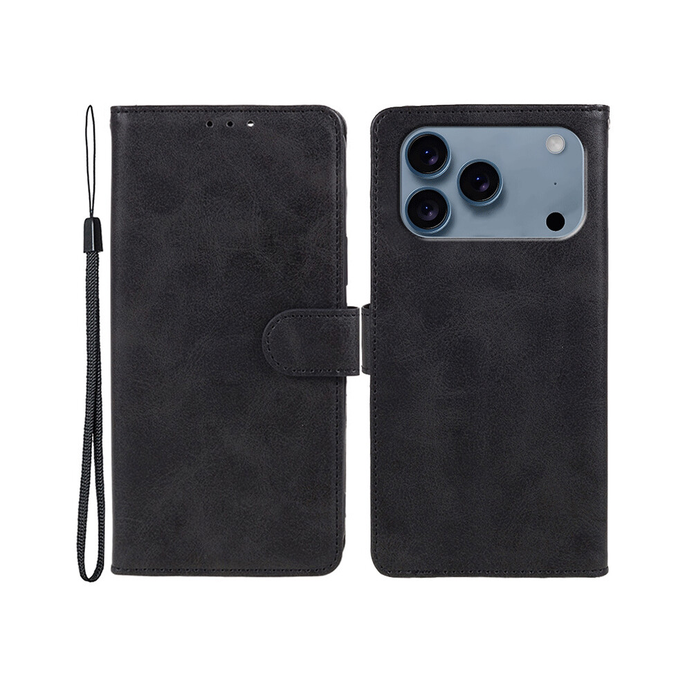 (Iphone 17 Pro Max, ) For Iphone 17 Pro Max Case Calf Texture Pu Leather Wallet Phone Cover With Wrist Strap Black 6914287462274