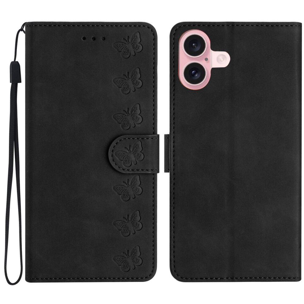 (Iphone 17, ) For Iphone 17 Case Imprinted Butterfly Leather Wallet Phone Cover With Hand Strap Black 6914282333166