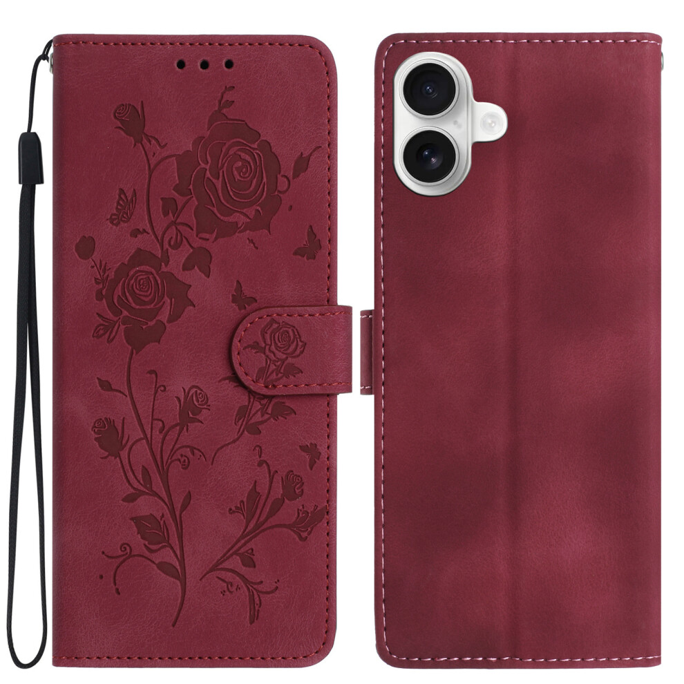 (Iphone 17, ) For Iphone 17 Wallet Case Rose Pattern Imprinted Leather Flip Stand Phone Cover With Strap Red 6914284288921