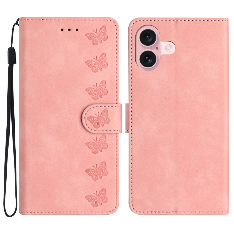 (Iphone 17, ) For Iphone 17 Case Imprinted Butterfly Leather Wallet Phone Cover With Hand Strap Pink 6914286345950