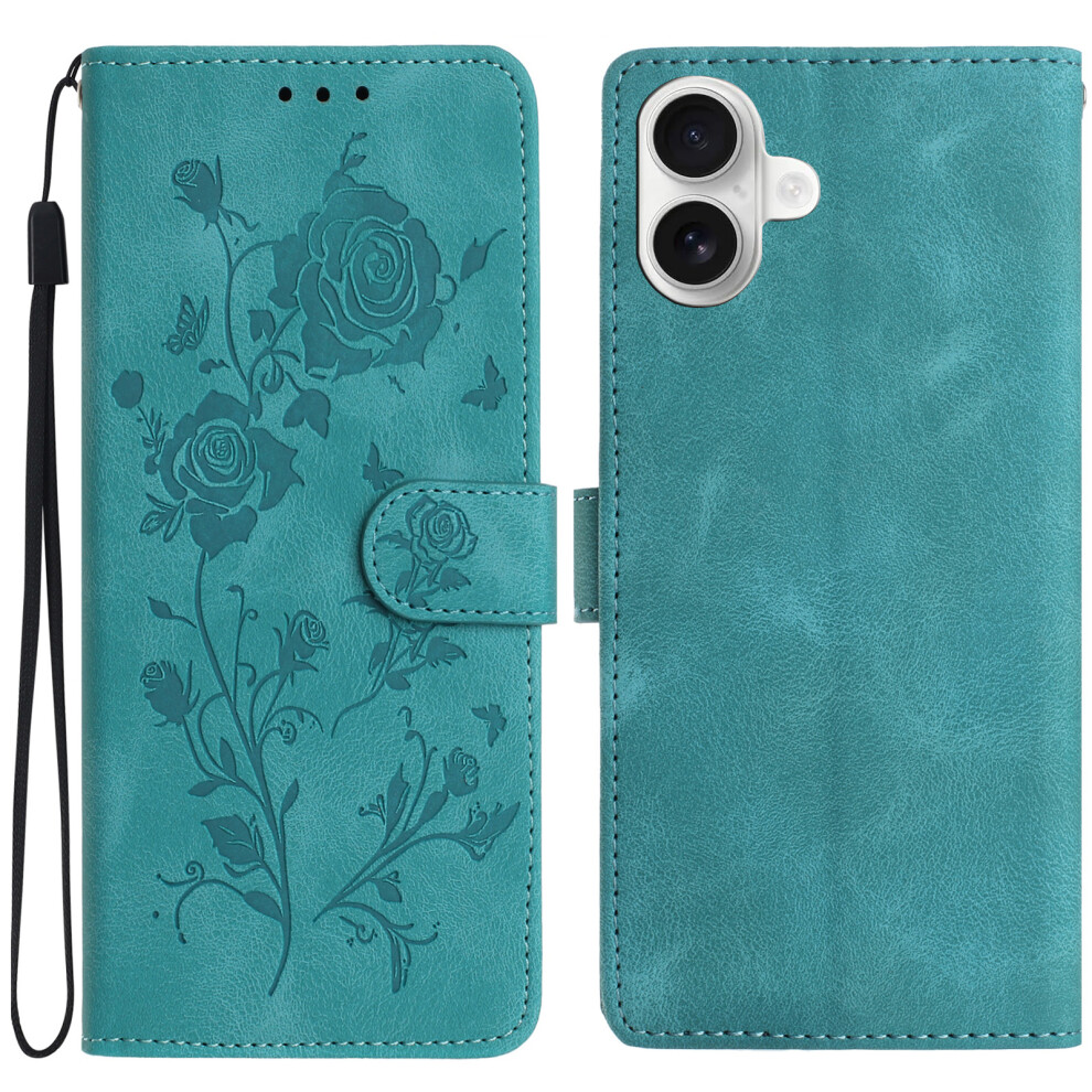 (Iphone 17, ) For Iphone 17 Wallet Case Rose Pattern Imprinted Leather Flip Stand Phone Cover With Strap Green 6914285706004
