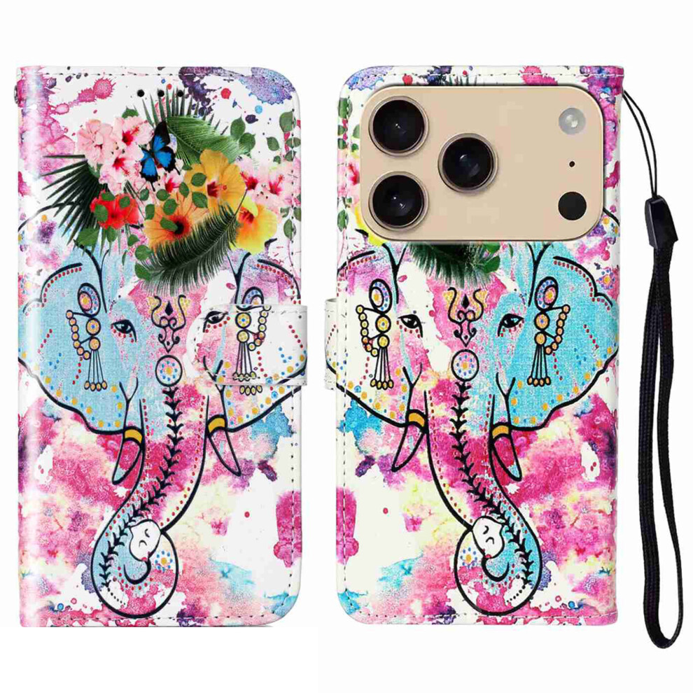(Iphone 17 Pro Max, Flower Elephant) For Iphone 17 Pro Max Case Pattern Leather Wallet Phone Cover With Strap 6914287090057