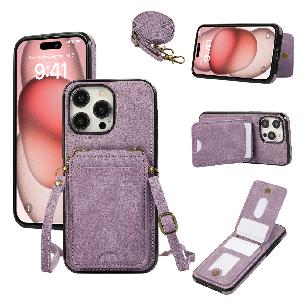 (Iphone 16 Pro, ) For Iphone 16 Pro Case Card Holder Kickstand Leather+Tpu Phone Cover With Shoulder Strap Purple 6914288466486