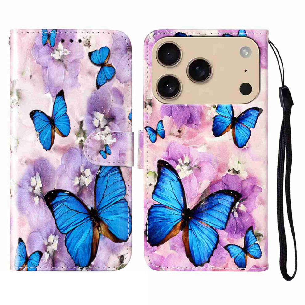 (Iphone 17 Pro Max, Flower Butterfly) For Iphone 17 Pro Max Case Pattern Leather Wallet Phone Cover With Strap Purple 6914281654033