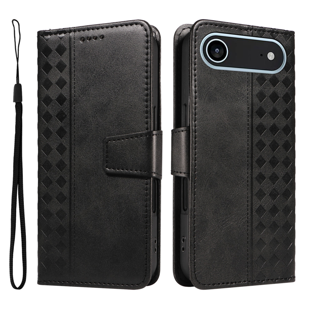 (Iphone Air, ) For Iphone Air Leather Case Wallet Stand Grids Imprinted Phone Cover With Strap Black 6914280417462