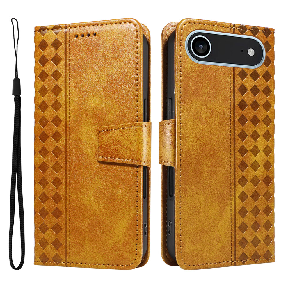(Iphone Air, ) For Iphone Air Leather Case Wallet Stand Grids Imprinted Phone Cover With Strap Yellow 6914281373712