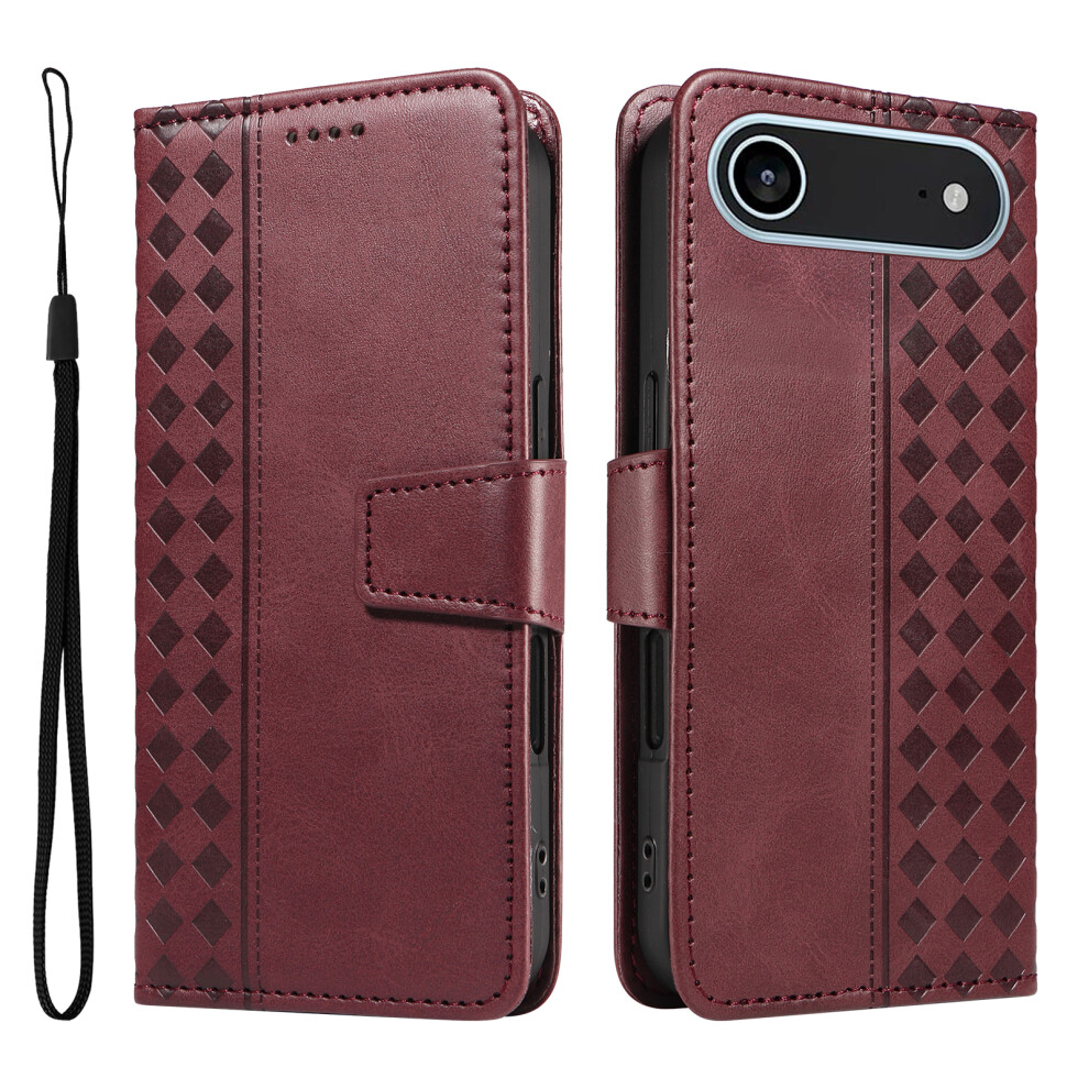 (Iphone Air, Wine ) For Iphone Air Leather Case Wallet Stand Grids Imprinted Phone Cover With Strap Red 6914285957369