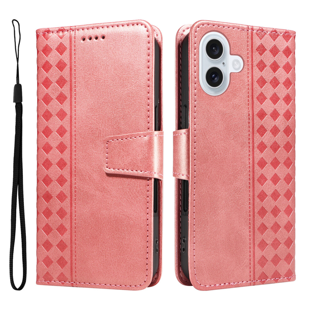 (Iphone 17, Rose ) For Iphone 17 Leather Case Wallet Stand Grids Imprinted Phone Cover With Strap Gold 6914283241361