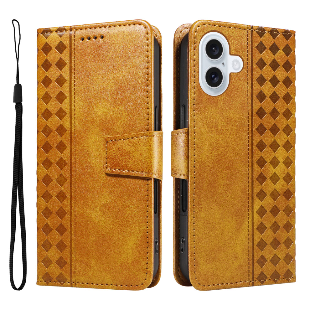 (Iphone 17, ) For Iphone 17 Leather Case Wallet Stand Grids Imprinted Phone Cover With Strap Yellow 6914282507192