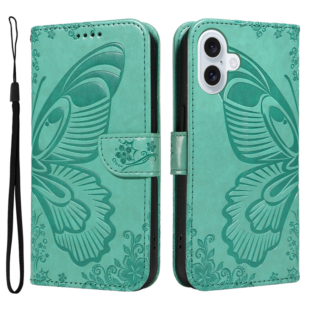 (Iphone 17, ) For Iphone 17 Case Butterfly Pattern Pu Leather Folio Flip Phone Cover Green 6914282013990