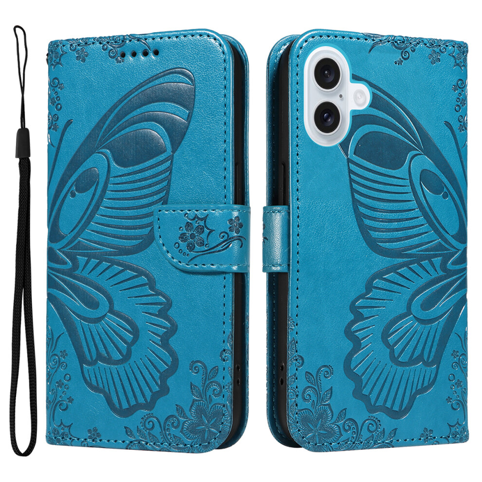 (Iphone 17, ) For Iphone 17 Case Butterfly Pattern Pu Leather Folio Flip Phone Cover Blue 6914280973098