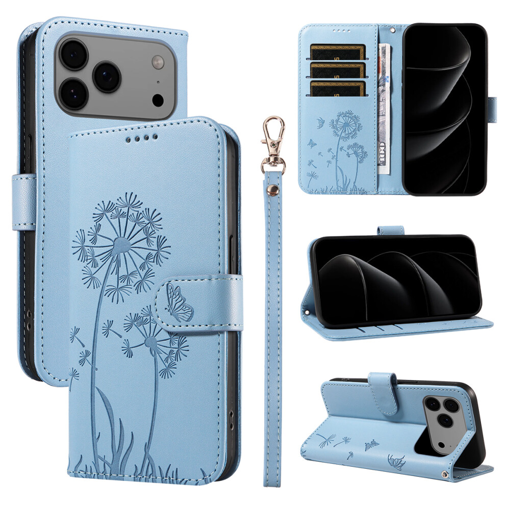 (Iphone 17 Pro Max, Sky ) For Iphone 17 Pro Max Leather Wallet Case With Strap Dandelion Imprint Phone Stand Cover Blue 6914288001205