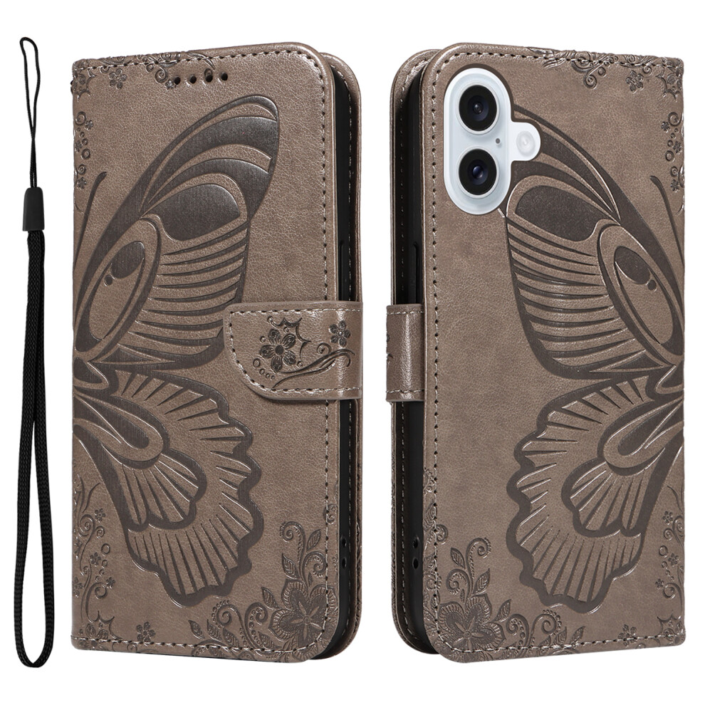 (Iphone 17, ) For Iphone 17 Case Butterfly Pattern Pu Leather Folio Flip Phone Cover Grey 6914285433191