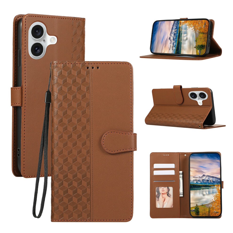 (Iphone 16, ) For Iphone 16 Case 3D Rhombus Grid Imprinted Wallet Leather Phone Cover With Lanyard Brown 6914289251364